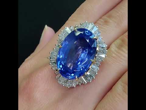 Estate No Heat GIA 38.89 Carat Sapphire Diamond Ballerina Platinum 18K Cocktail Ring. 850525