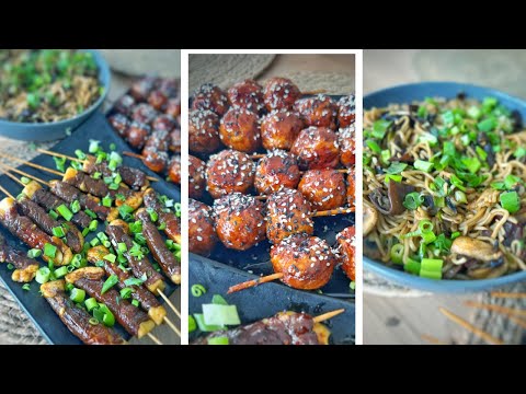 Japanese Yakitori Menu – Chicken Meatballs, Cheese‑Coated Beef Skewers and Mushroom Stir‑Fried Noodles