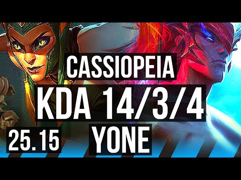 CASSIOPEIA vs YONE (MID) | 8 solo kills, 1200+ games, 14/3/4, Dominating | KR Master | 25.15