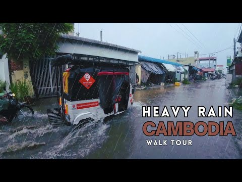 Rainy Day Walk Tour | Cambodia Street Tour Experience under the heavy Raining.