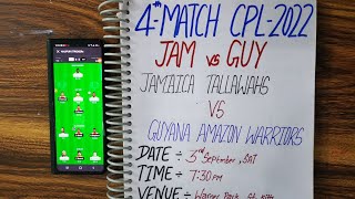 JAMAICA TALLAWAHS VS GUYANA AMAZON WARRIORS 4TH MATCH PREDICTION | CPL 2022 | JAM VS GUY, DREAM 11