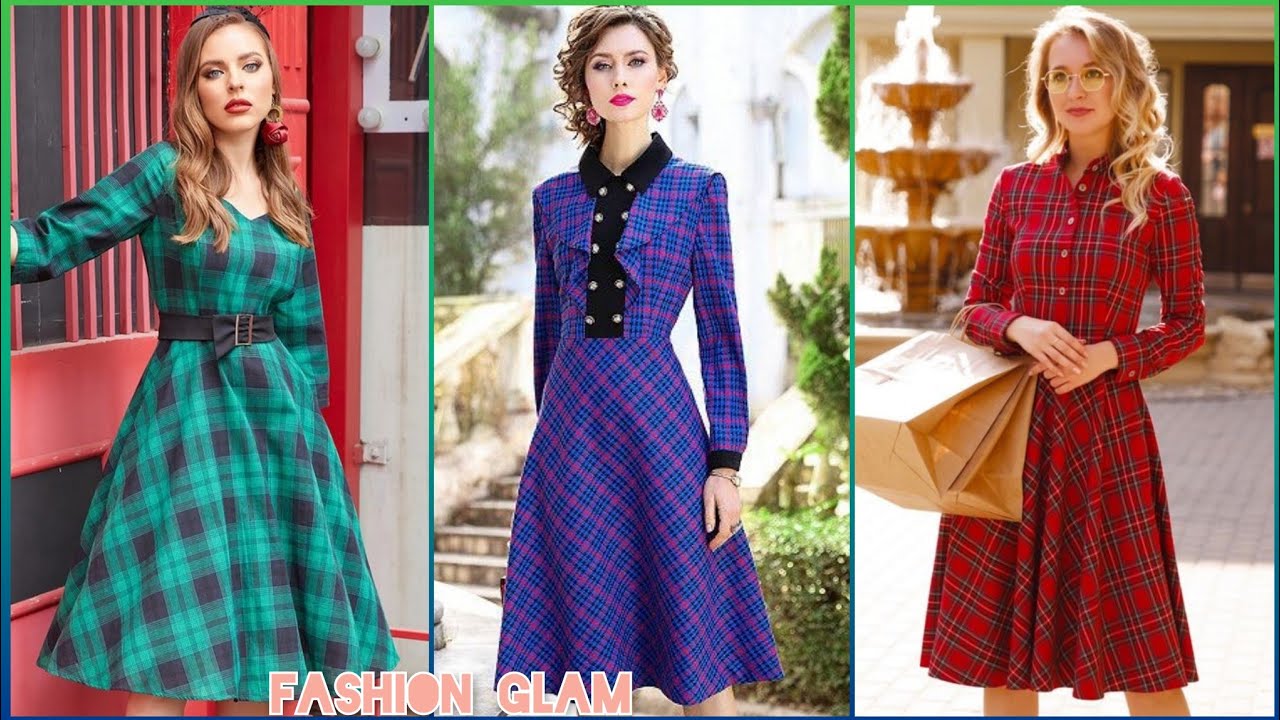 50+ Retro Notch Neck Waist Belted Checkered Skater Dress/Plaid Vintage Swing Tartan Midi Dress