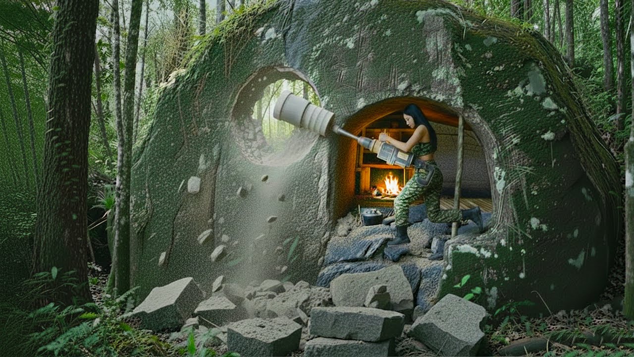 Build shelter under two large rocks that are about to collapse. Bushcraft survival skills | Ms yang