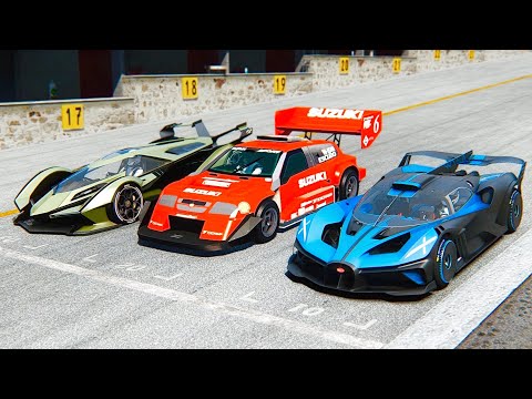 Bugatti Bolide vs Suzuki Escudo Pikes Peak vs Lamborghini V12 VGT - Drag Race 20 KM