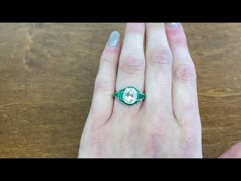 2.11 Antique Cushion Cut Diamond and Emerald Diamond Engagement Ring - Tropea Ring - Hand Video