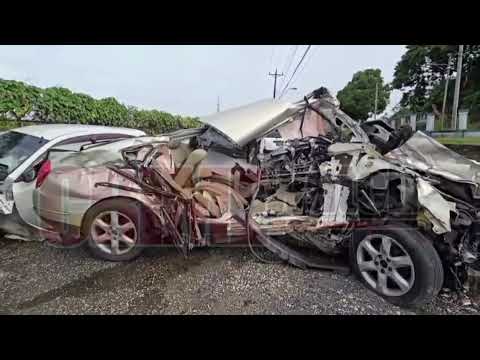 The car that collided with tow truck on the highway in Corinth on Saturday.