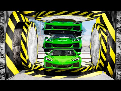 Hydraulic bollard press crushes cars #2 - Beamng drive