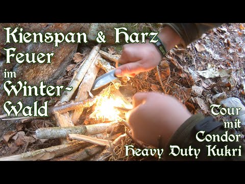 Tour with Condor Kukri. Fatwood search & fire w natural materials + fire steel in the winter forest