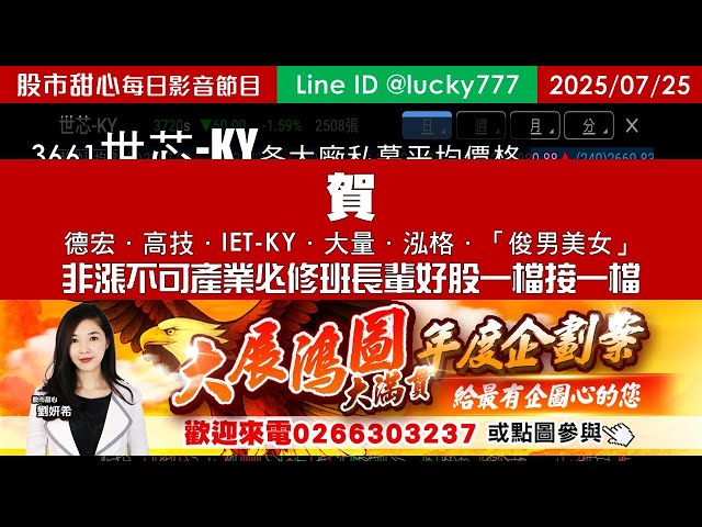0725【甜心盤後影音】賀！德宏．高技．IET-KY．大量．泓格．「俊男美女」！非漲不可產業先修課長輩好股一檔接一檔