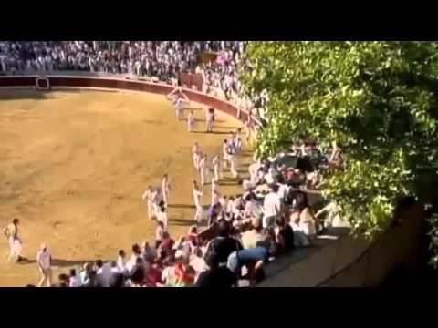 Panik in der Stierkampfarena-Wilder Bulle stürmt Tribüne