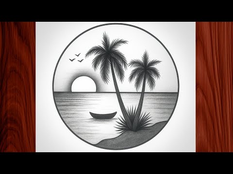 "How to Draw Sunset Beach Scenery in Circle | Easy Pencil Shading Art"