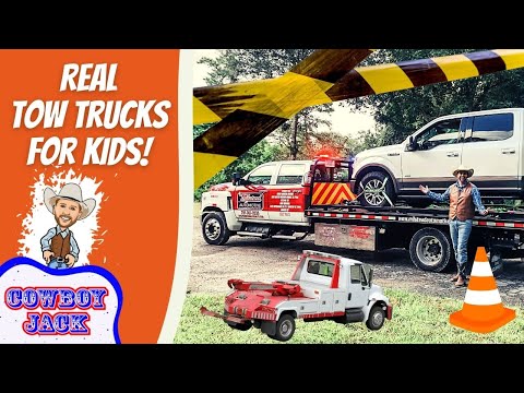 Thumbnail promoting 'Real Tow Trucks for Kids!' with cartoon cowboy, toy tow trucks, and a real tow truck on a flatbed beside an orange banner and traffic cone for a kid-focused video.
