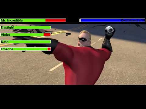 The Incredibles & Frozone vs. Omnidroid v.10 with healthbars (Edited By @KobeW2001)