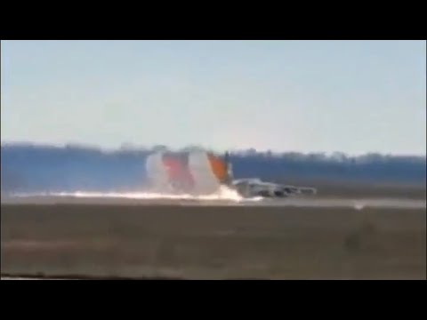 A Russian Su-25 strike aircraft makes an emergency belly landing without use of landing gear