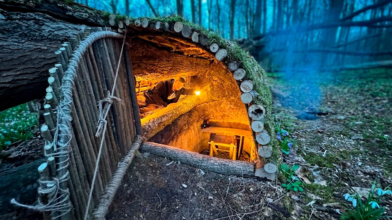 Building a cozy two-room dugout deep in the woods. Bushcraft, survival.