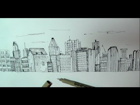 How to draw a panoramic city skyline or cityscape with buildings