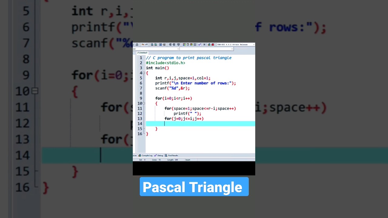 C Program to print Pascal Triangle #coding#shorts
