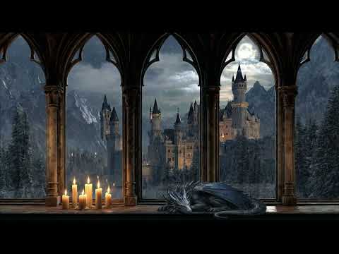 4K Castle Dragon Window Atmospheric Background ❄️ Relaxing Music for Study & Sleep