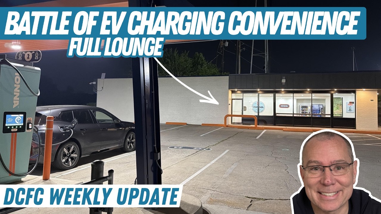 Inside the Ionna driver's lounge at the Forest Park, Georgia charging station near Atlanta Hartsfield Airport, showing seating, Corian countertops, and vending machines