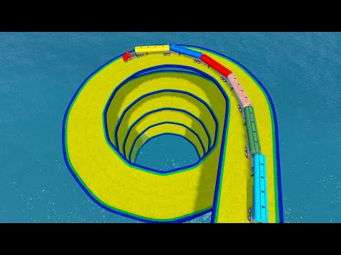 Impossible Weird Spiral Rail Tracks Vs Trains Crossing Giant Pit - BeamNG.Drive