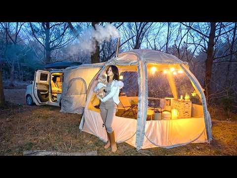 Deep Forest Car Camping with a Clear Dome Tent 🚙 | banana castella & Chicken soup