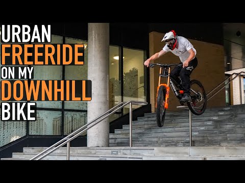URBAN FREERIDE ON MY DOWNHILL BIKE// STAIR GAPS AT FULL SPEED!!
