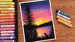 Oil Pastel Sunset Lake landscape Painting for beginners | Easy Oil pastel Drawing