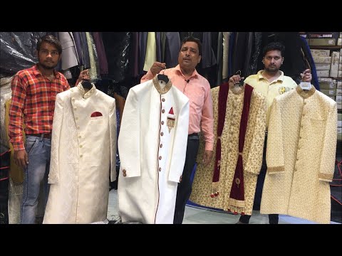 White silk nawabi style designer sherwani, pattern: embroide...