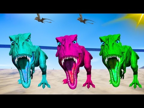 Team Rexy Color Pack vs Allosaurus, Spinosaurus, I-rex - Jurassic World Evolution Dinosaurs Fight