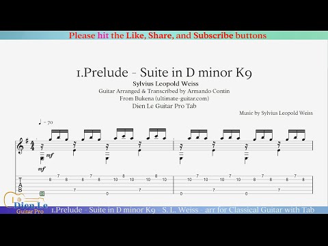 1.Prelude - Suite in D minor K9 - S. L. Weiss - arr for Classical Guitar with Tab