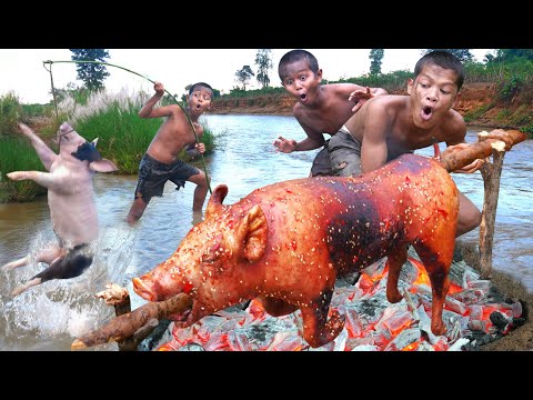 Primitive Technology - Pigs Cooking Eating Deliciou