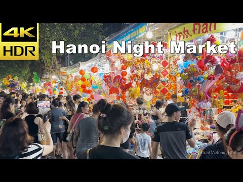4K HDR | Caminhada no mercado noturno de Hanói - Mercado Dong Xuan até a Hang Ma Street | Vietnã 2023