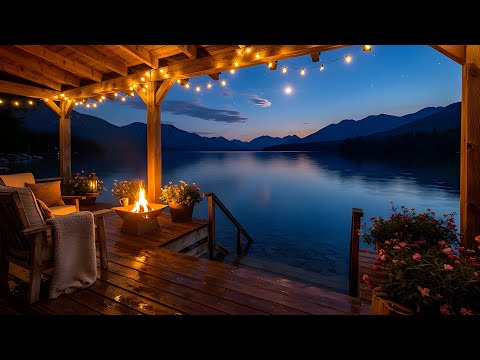 Cozy Lakeside Porch 4K | Spring Night Ambience | Campfire, Lake Sounds | Sleep, Relax, Study, Read