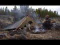 Extreme Weather Bushcraft Camping - Pole-frame Tarp Shelter, Wet Weather Fire, Solo Overnight