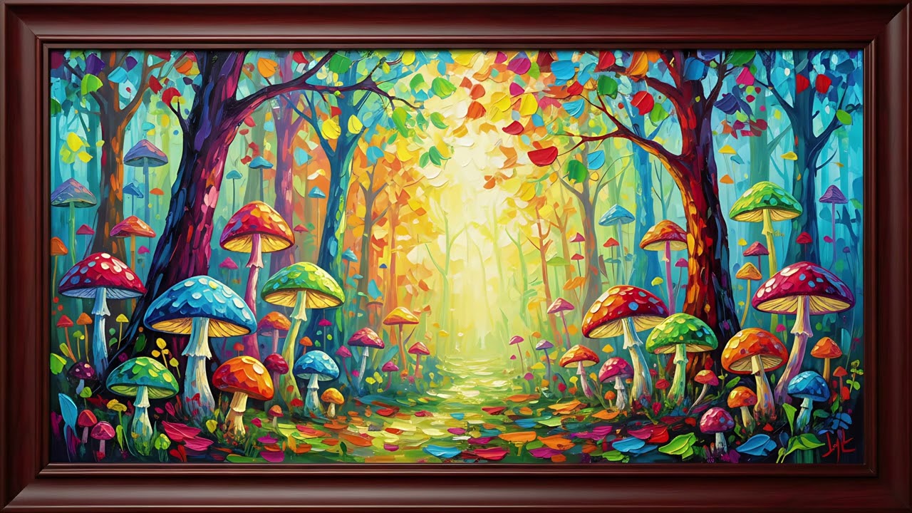 Fantasy Mushroom Forest Painting | Dark Wood Frame TV Art | Magical Wonderland Screensaver 2 Scenes
