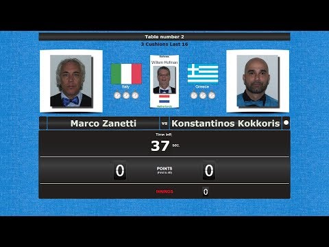 Carom 3 Cushions Last 16 : Marco Zanetti vs Konstantinos Kokkoris