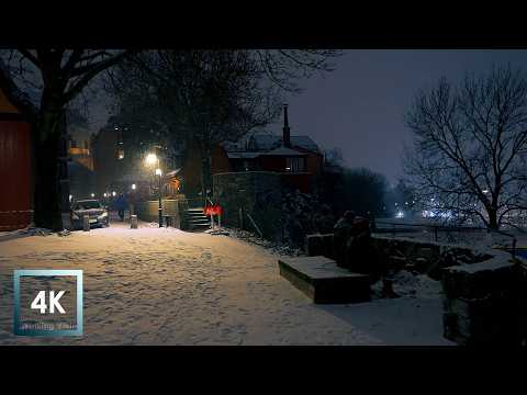 Snowfall Walk on New Year's Eve in Stockholm, Sweden 4K HDR