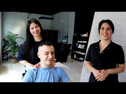 Massage by 2 barber sisters | ASMR Head, neck and face massage by Vika and Lena in barbershop