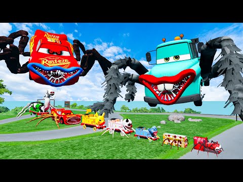 ALL MONSTERS Big & Small Cars Downhill Madness with Spider Tow Mater &  McQUEEN EATER BeamNG.Drive