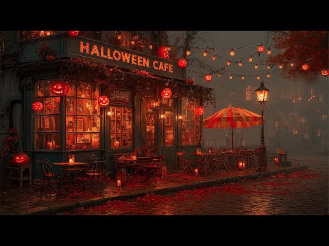 Halloween Cafe Ambience with Pumpkin Lantern in Autumn Mist | Piano & Cello with Rain |Dark Academia