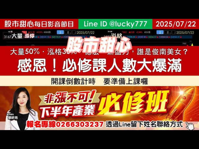 0722【甜心盤後影音】【感恩！非漲不可產業必修課人數大爆滿】大量50%．泓格35%．德宏．新盛力．「俊南美女」