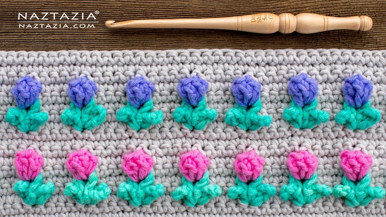 HOW to CROCHET 3D ROSE BUD Flower Stitch Pattern by Naztazia