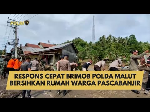 RESPONS CEPAT BRIMOB POLDA MALUT BERSIHKAN RUMAH WARGA PASCABANJIR