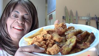 Homemade Crispy Deep Fried Chicken Nuggets, French Fries And Plantains