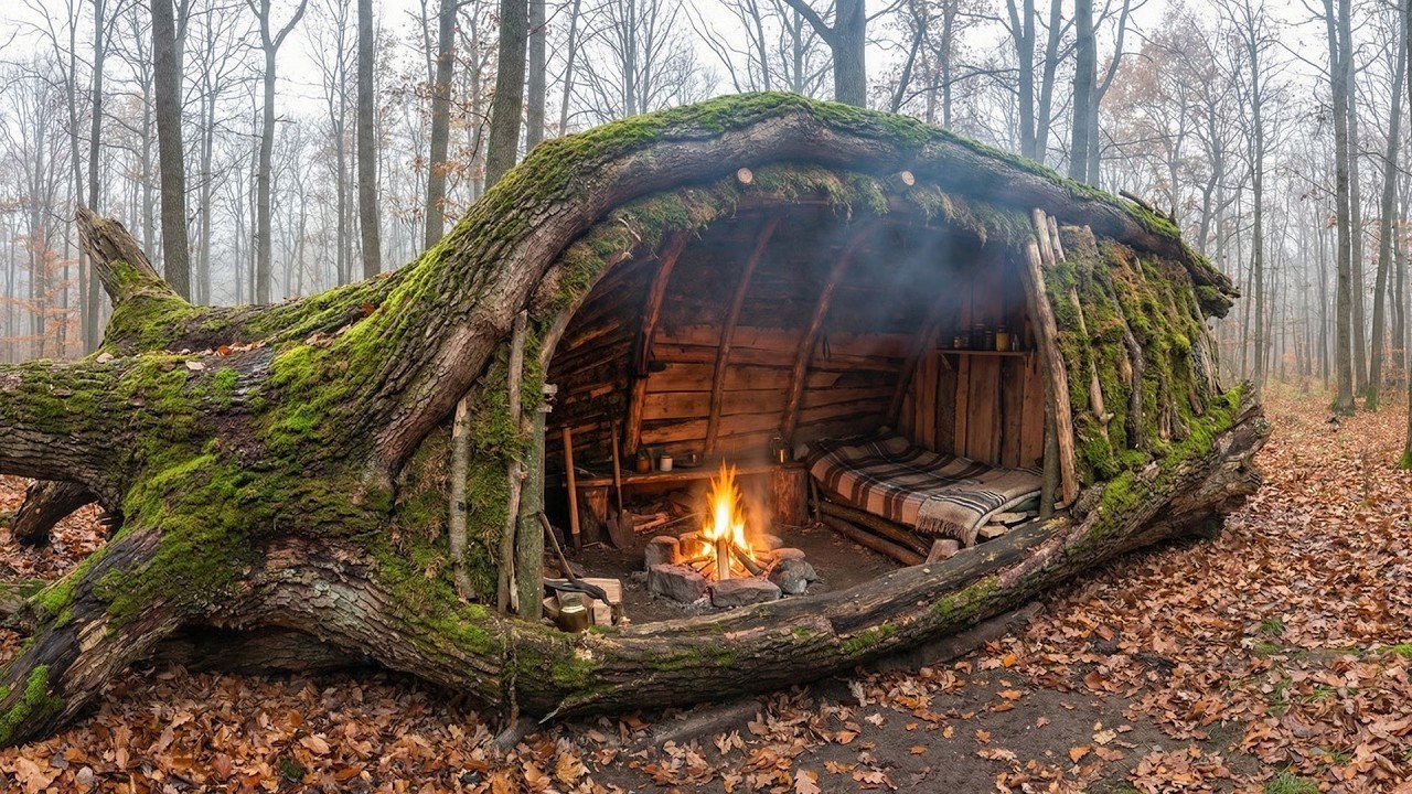 Building a Warm and Cozy Hollow for Survival, in the root of a fallen spruce. Rebuilding, Bushcraft