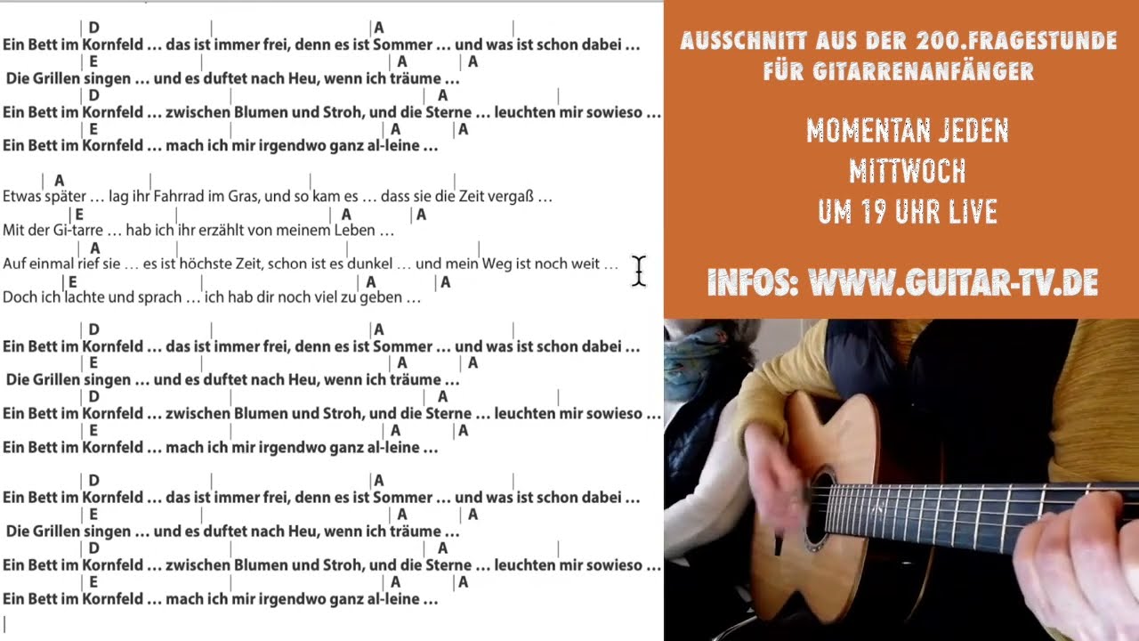 Ein Bett im Kornfeld - Jürgen Drews, Cover, Akkorde, Text - zum Mitspielen für Gitarrenanfänger!
