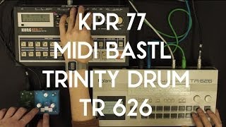 Video thumbnail for MIDI Bastl converts MIDI Clock from TR 626 to din sync 48 for KPR 77 + Trinity DRUM jam by Bastl Instruments