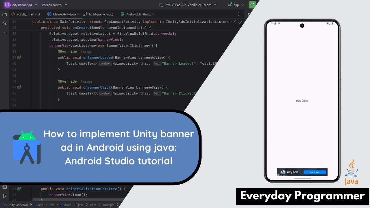 How to implement Unity Banner Ad in Android Studio using java #androiddevelopment #androidstudio