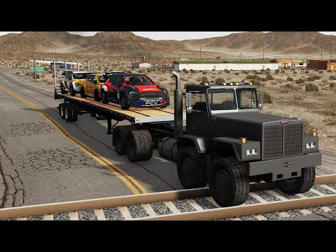 Flatbed Trailer Truck Transporter Rescue: Cars vs Rails and Trains in BeamNG.Drive