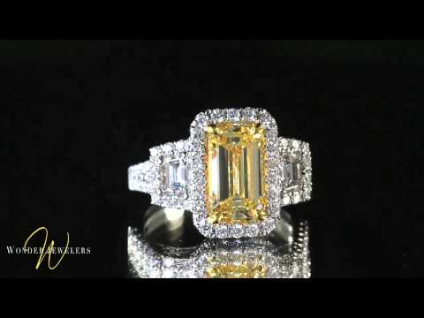 4.44CTW FANCY INTENSE YELLOW EMERALD DIAMOND RING VS1 BY WONDER JEWELERS